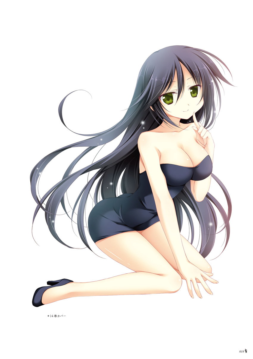 bangs bare_shoulders black_dress black_footwear black_hair breasts cleavage collarbone dress floating_hair full_body green_eyes hair_between_eyes high_heels highres index_finger_raised juuoumujin_no_fafnir kili_surtr_muspellzheimr kneeling korie_riko long_hair looking_at_viewer medium_breasts official_art page_number pumps shiny shiny_hair shiny_skin short_dress smile solo strapless strapless_dress striped striped_dress swept_bangs tube_dress very_long_hair