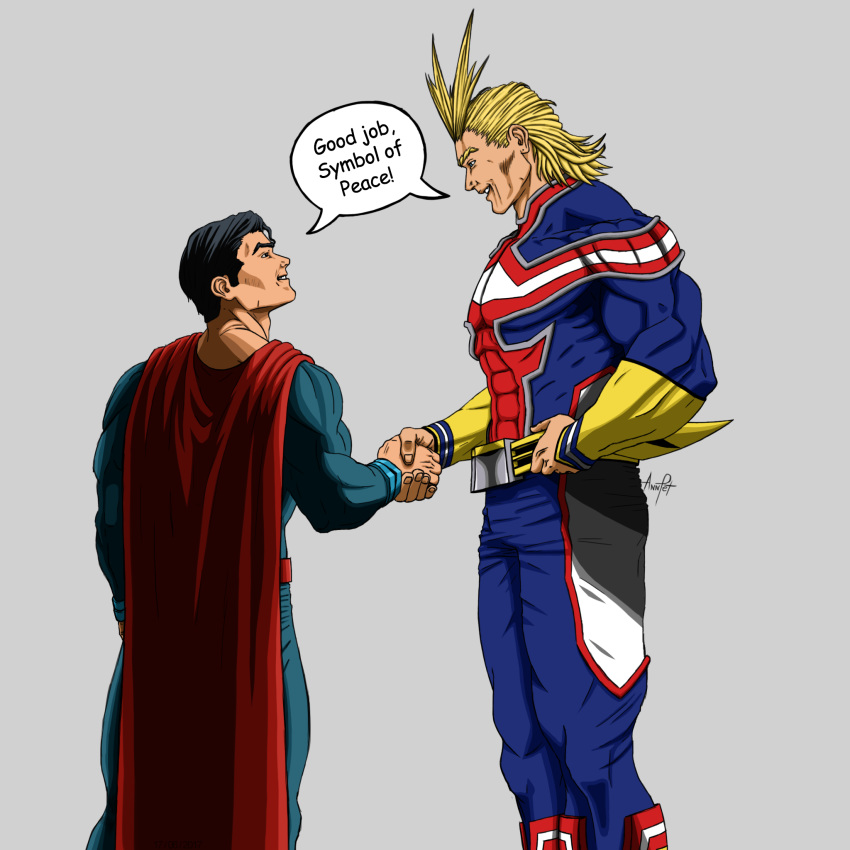 all_might analeticia2017-cm black_hair blonde_hair blue_eyes boku_no_hero_academia crossover dc_comics english eye_contact handshake height_difference highres huge_filesize looking_at_another male_focus multiple_boys smile superhero superman superman_(series) trait_connection