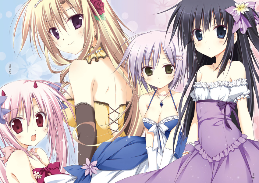 black_hair blonde_hair blue_eyes blush bow breasts cleavage dress elbow_gloves firill_crest flowers gloves green_eyes group horns juuoumujin_no_fafnir korie_riko lisa_highwalker long_hair mononobe_mitsuki necklace pink_hair ponytail purple_eyes purple_hair red_eyes ribbons rose short_hair tear_lightning