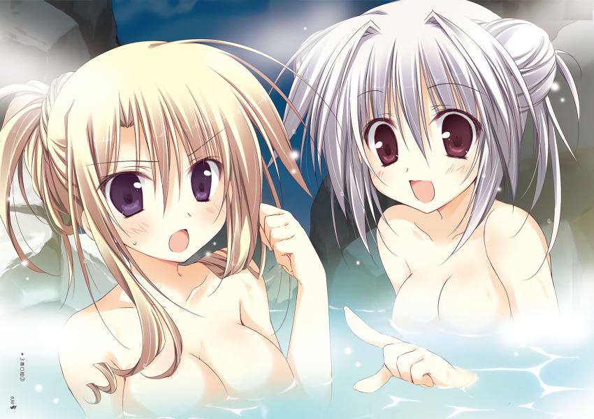 2girls blonde_hair blue_eyes blush breasts gray_hair iris_freyja juuoumujin_no_fafnir korie_riko lisa_highwalker nude onsen purple_eyes short_hair water wet