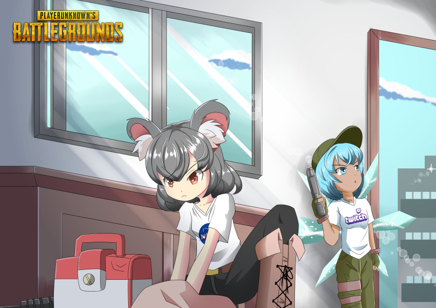 absurdres animal_ears bags_under_eyes blue_hair boots building cirno contemporary cross-laced_footwear fingerless_gloves gloves grey_hair gun handgun hiding highres holding holding_gun holding_weapon ice ice_wings lace-up_boots logo mouse_ears multiple_girls nasa_logo nazrin pants pistol playerunknown's_battlegrounds rivia shirt t-shirt taking_cover tan tanned_cirno touhou twitch.tv v-shaped_eyebrows weapon window wings