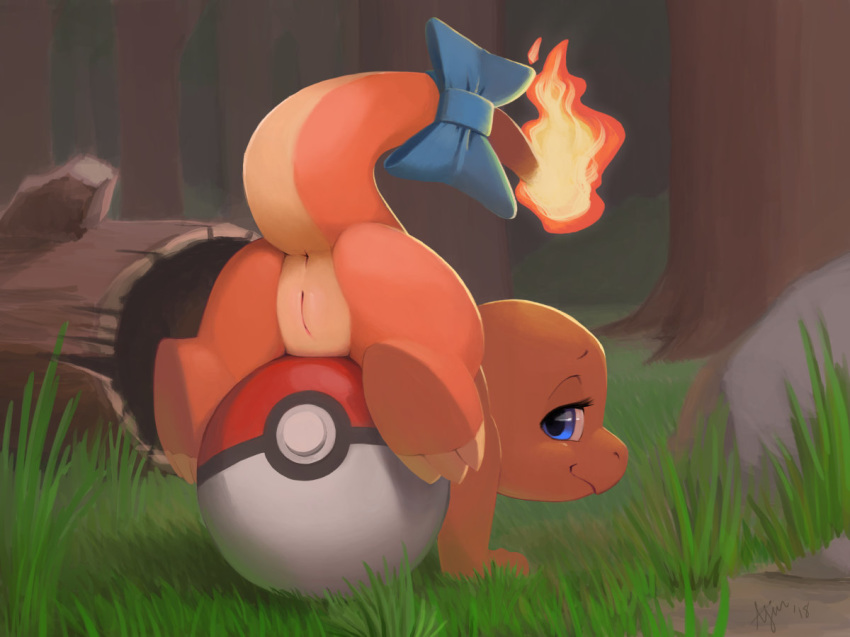 2018 ajin blue_eyes charmander digital_media_(artwork) female fire flaming_tail grass nintendo pok&eacute;ball pok&eacute;mon pok&eacute;mon_(species) presenting presenting_pussy pussy ribbons scalie smile solo tail_bow tail_ribbon tree video_games