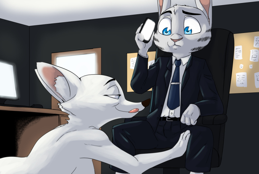 2018 akiric anthro arctic_fox belt blue_eyes canine cellphone chair clothed clothing desk disney duo facial_markings female fox fur_markings holding_object holding_phone imminent_blowjob inside jack_savage lagomorph licking licking_lips male male/female mammal markings monitor necktie office_chair phone rabbit sitting skye_(zootopia) suit tongue tongue_out zootopia