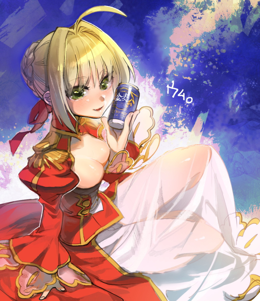 ahoge arm_support bangs blonde_hair blush braid breasts can cleavage dress epaulettes eyebrows_visible_through_hair eyes_visible_through_hair fate/extra fate_(series) french_braid green_eyes hair_bun hair_intakes hair_ribbon highres holding holding_can juliet_sleeves long_sleeves mafuyu_hemp medium_breasts nero_claudius_(fate) nero_claudius_(fate)_(all) open_mouth puffy_sleeves red_dress red_ribbon ribbon see-through short_hair sitting smile solo turtleneck