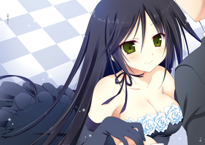 black_hair blush breasts cleavage dress elbow_gloves gloves green_eyes juuoumujin_no_fafnir korie_riko long_hair tachikawa_honoka