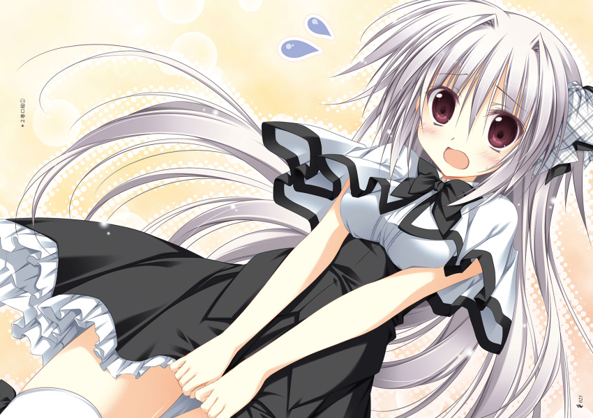 blush brown_eyes dress gray_hair iris_freyja juuoumujin_no_fafnir korie_riko long_hair seifuku thighhighs