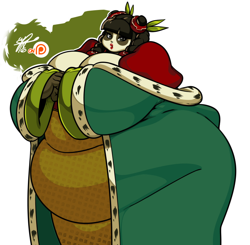 animal_humanoid anthro bear belly big_breasts breasts clothed clothing dofus female grim-kun huge_breasts humanoid lips lipstick looking_at_viewer makeup mammal obese overweight overweight_female panda pandawa pandawa_queen simple_background solo video_games voluptuous wakfu wide_hips