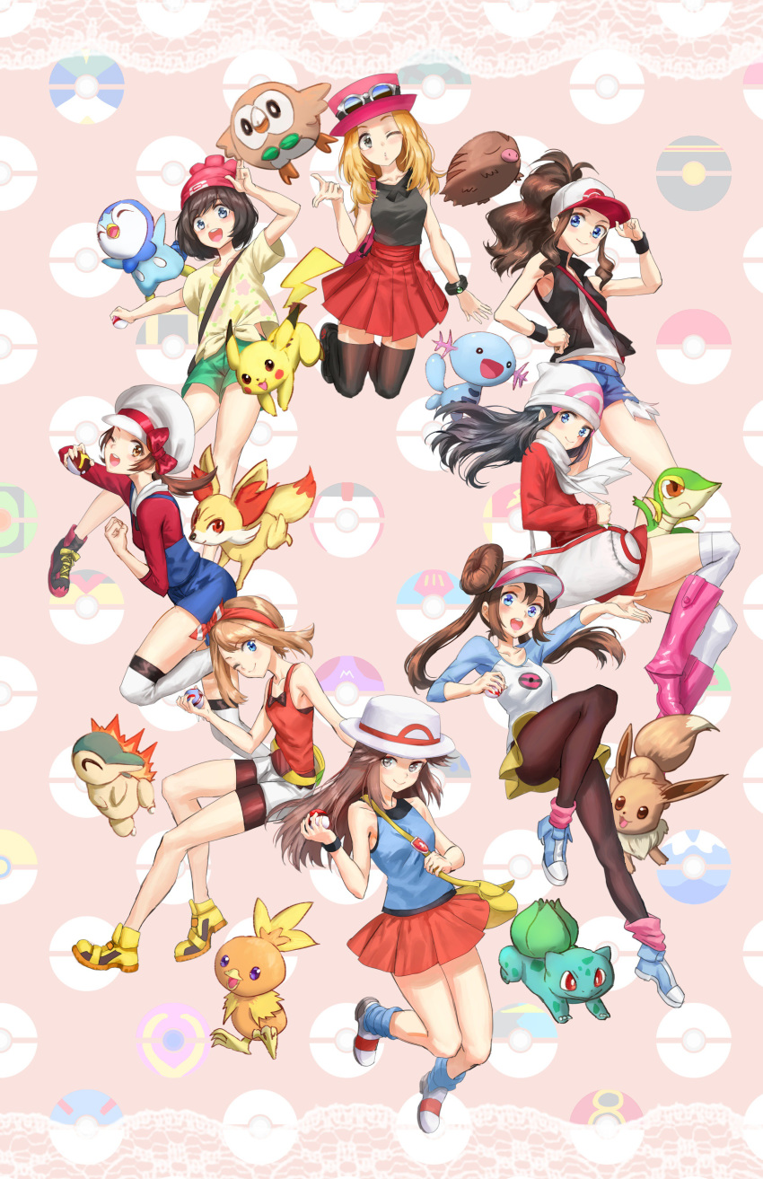 athenawyrm bag bare_shoulders baseball_cap beanie blonde_hair blue_(pokemon) blush breasts brown_hair circle_formation collarbone dress eevee eyewear_on_head gen_1_pokemon gen_2_pokemon gen_3_pokemon gen_4_pokemon gen_5_pokemon gen_6_pokemon gen_7_pokemon gloves green_eyes green_shorts handbag haruka_(pokemon) hat highres hikari_(pokemon) holding holding_poke_ball ivysaur kotone_(pokemon) long_hair looking_at_viewer mei_(pokemon) mizuki_(pokemon) pantyhose pikachu pleated_skirt poke_ball pokemon pokemon_(anime) pokemon_(creature) pokemon_(game) pokemon_bw pokemon_bw2 pokemon_dppt pokemon_frlg pokemon_gsc pokemon_hgss pokemon_oras pokemon_platinum pokemon_rgby pokemon_sm pokemon_special pokemon_xy pokemon_xy_(anime) porkpie_hat red_hat rowlet serena_(pokemon) shirt shorts skirt skirt_lift sleeveless sleeveless_duster sleeveless_shirt smile sunglasses tied_shirt touko_(pokemon) vs_seeker wristband z-ring