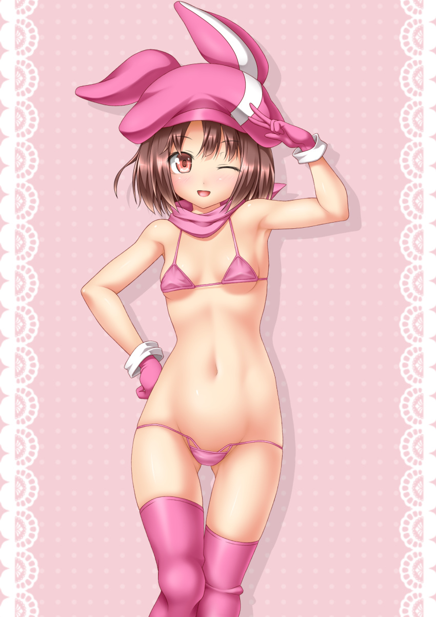 ;d animal_hat ass_visible_through_thighs bandana blush bra breasts brown_hair commentary_request gloves hand_on_hip hat highres llenn_(sao) looking_at_viewer navel one_eye_closed open_mouth panties pink_background pink_bandana pink_bra pink_gloves pink_hat pink_legwear pink_panties polka_dot polka_dot_background red_eyes roura short_hair small_breasts smile standing sword_art_online sword_art_online_alternative:_gun_gale_online thighhighs underwear underwear_only v