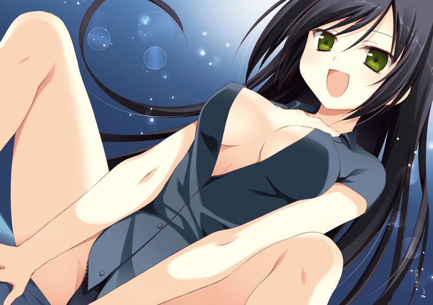 black_hair breasts gradient green_eyes juuoumujin_no_fafnir korie_riko long_hair no_bra nopan open_shirt spread_legs tachikawa_honoka