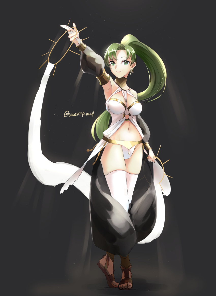 absurdres bare_shoulders blush breasts cosplay fire_emblem fire_emblem:_kakusei fire_emblem:_rekka_no_ken fire_emblem_heroes green_eyes green_hair hair_ornament hairband high_ponytail highres jewelry long_hair looking_at_viewer lyndis_(fire_emblem) midriff navel olivia_(fire_emblem) olivia_(fire_emblem)_(cosplay) ponytail simple_background skeptycally solo