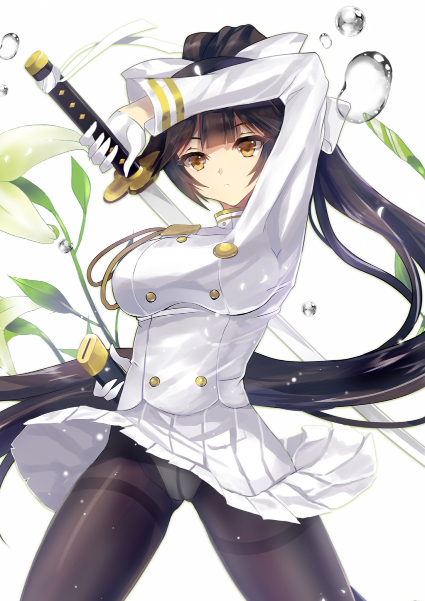 azur_lane black_hair black_legwear bow breasts brown_eyes closed_mouth commentary criss-cross_halter crotch_seam deizzo_bubunya flower gloves hair_bow halterneck highres holding holding_sword holding_weapon katana left-handed long_hair medium_breasts miniskirt panties panties_under_pantyhose pantyhose pleated_skirt ponytail scabbard sheath simple_background skirt solo sword takao_(azur_lane) thighband_pantyhose underwear uniform unsheathed very_long_hair weapon white_background white_bow white_gloves white_panties white_skirt