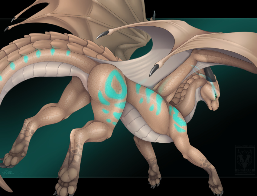 2018 5_toes beige_scales beige_skin black_claws black_horn border brown_scales brown_skin brown_spot claws curved_horn cyprena dragon featureless_crotch female feral flying glowing glowing_eyes green_background horn letterbox looking_at_viewer membranous_wings minerea outside_border pinkdragonlove quadruped rear_view scales scalie side_view simple_background smile smooth_horn solo spots spread_wings teal_eyes teal_scales teal_skin teal_spots teal_stripes toe_claws toes western_dragon white_scales white_skin wings