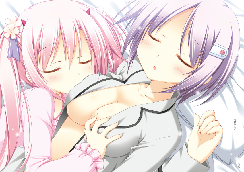 2girls bed breast_grab firill_crest horns juuoumujin_no_fafnir korie_riko long_hair no_bra open_shirt pajamas pink_hair purple_hair short_hair sleeping tear_lightning twintails