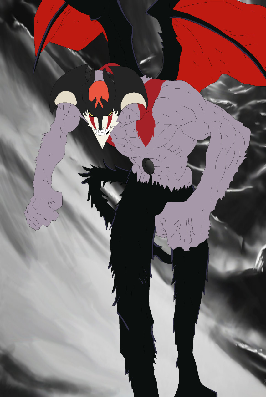 absurdres bat_wings black_fur black_wings blank_eyes bleach clenched_hands commentary crossover demon demon_tail demon_wings derivative_work devilman devilman_(character) devilman_crybaby engrish_commentary feet_out_of_frame flat_color fudou_akira head_wings highres hollow lavender_skin leaning_forward looking_at_viewer male_focus mask monster muscle sharp_teeth solo tail tashahemlock teeth walking wings