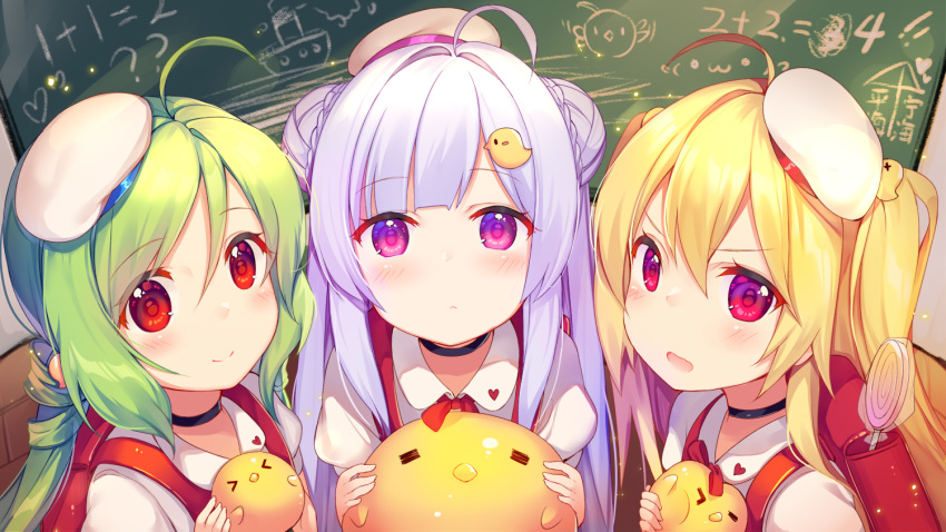 ahoge azur_lane backpack bag beret blonde_hair blush candy chalkboard comet_(azur_lane) commentary_request crescent_(azur_lane) cygnet_(azur_lane) double_bun food green_hair hair_ornament hat hecha_(swy1996228) holding lollipop long_hair looking_at_viewer multiple_girls purple_eyes randoseru red_eyes smile twintails