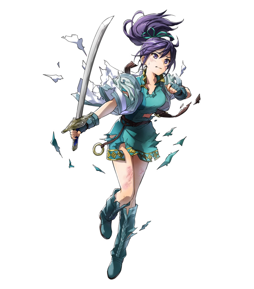 blue_hair boots dress fingerless_gloves fir fire_emblem fire_emblem:_fuuin_no_tsurugi fire_emblem_heroes full_body gloves hair_ribbon hair_tie highres holding holding_weapon kaya8 knee_boots long_hair official_art ponytail purple_eyes ribbon short_dress short_sleeves solo sword torn_clothes transparent_background weapon