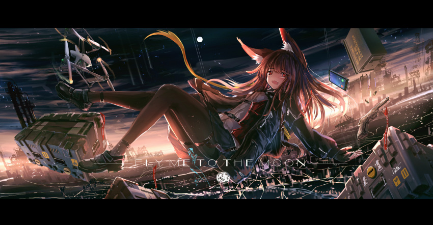 animal_ears black_dress black_legwear cellphone commentary dress english_commentary fox_girl graphite_(medium) gun haguruma_(hagurumali) handgun highres long_hair m1911 moon night night_sky orange_hair original phone red_eyes shoes sky smartphone thighhighs traditional_media weapon