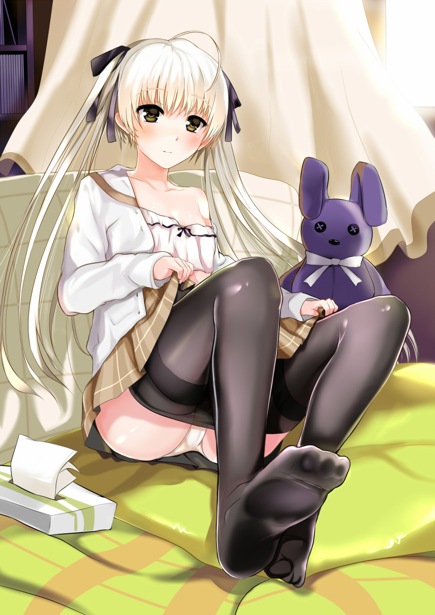 bangs black_legwear black_ribbon blunt_bangs bra breasts brown_eyes brown_skirt collarbone dress_shirt eyebrows_visible_through_hair full_body hair_ribbon highres indoors kasugano_sora lifted_by_self long_hair miniskirt no_shoes open_clothes open_shirt panties pantyhose pantyhose_pull pleated_skirt ribbon school_uniform shiny shiny_legwear shiny_skin shirt silver_hair sitting skirt skirt_lift small_breasts solo sound_tamashi tissue_box twintails underwear very_long_hair white_bra white_panties white_shirt yosuga_no_sora