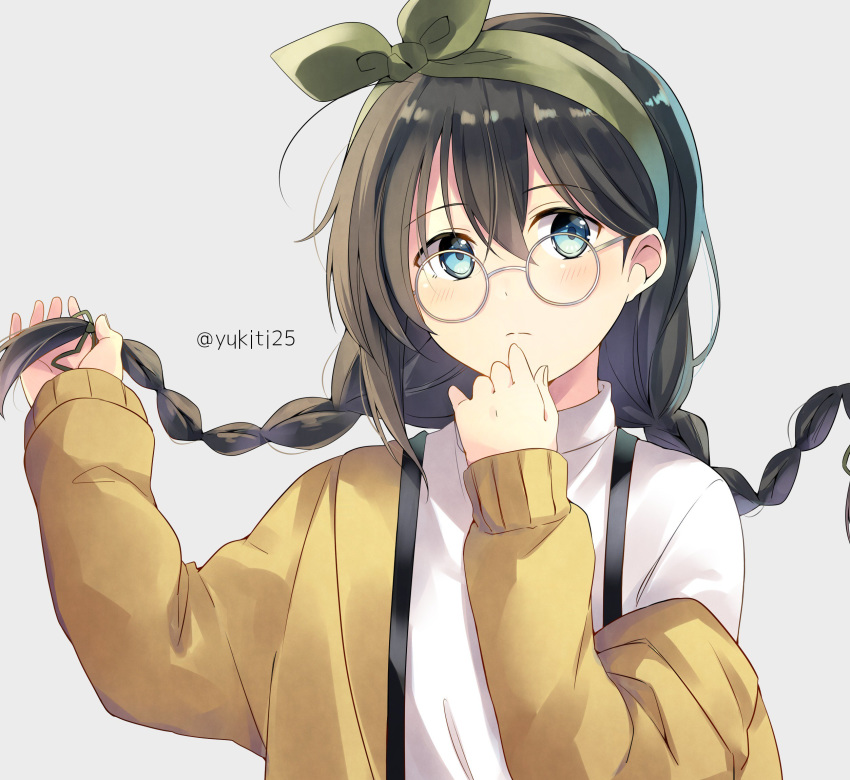 alternate_hairstyle artist_name black_hair blue_eyes braid brown_hair casual commentary eyebrows_visible_through_hair glasses hair_between_eyes highres holding holding_hair kantai_collection light_blush long_hair long_sleeves looking_at_viewer multicolored_hair ribbon shigure_(kantai_collection) simple_background solo symbol_commentary turtleneck twin_braids twitter_username yukichi_(eikichi)