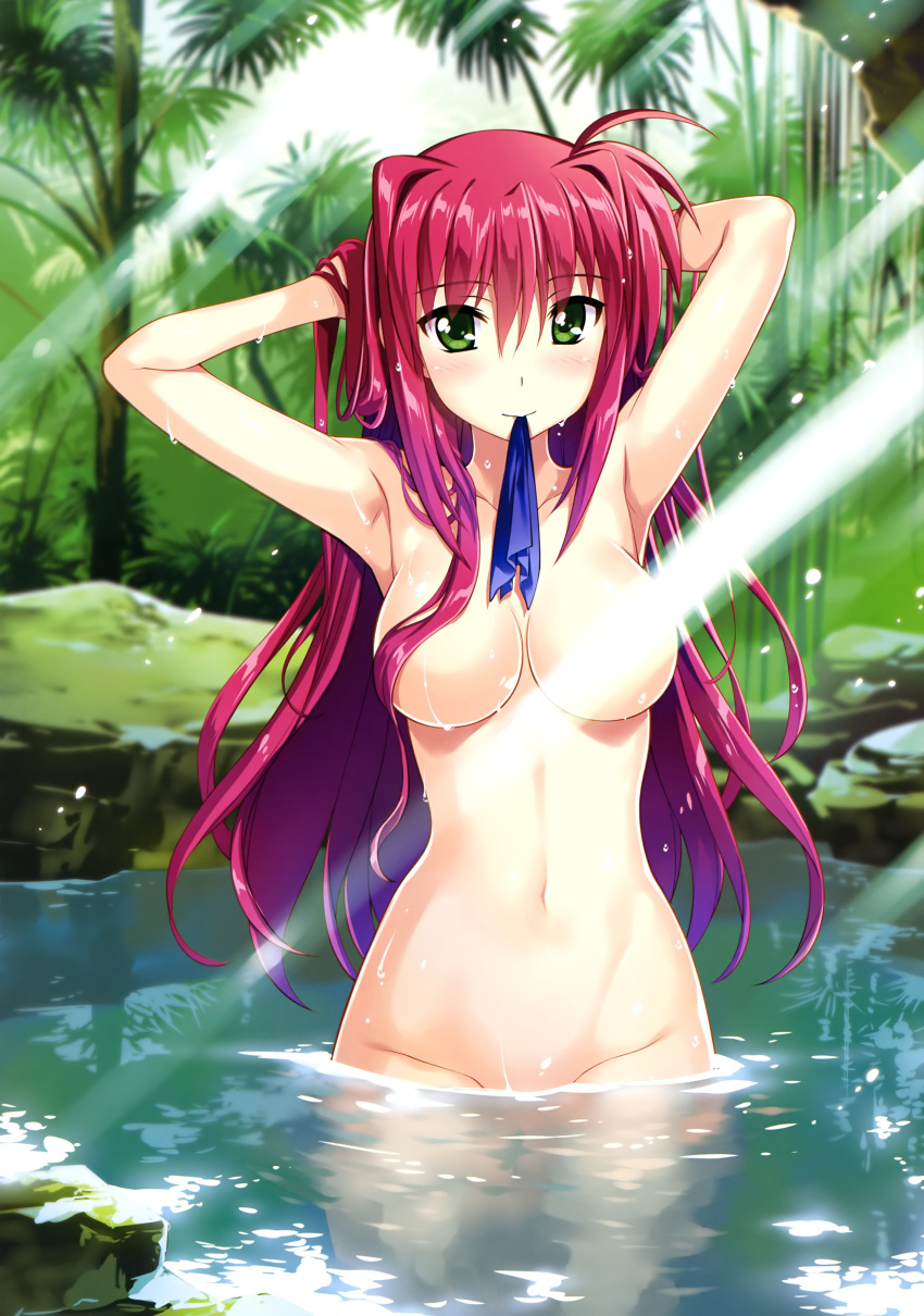 absurdres adjusting_hair amitie_florian arms_behind_head arms_up bathing breasts collarbone eyebrows_visible_through_hair eyes_visible_through_hair fujima_takuya green_eyes groin hair_between_eyes hair_censor hair_down hair_over_one_breast hand_in_hair highres light_censor light_rays long_hair looking_at_viewer lyrical_nanoha mahou_shoujo_lyrical_nanoha_the_movie_3rd:_reflection medium_breasts mouth_hold nude official_art partially_submerged plant red_hair rock scan shiny shiny_hair smile solo sunbeam sunlight tree wading water wet