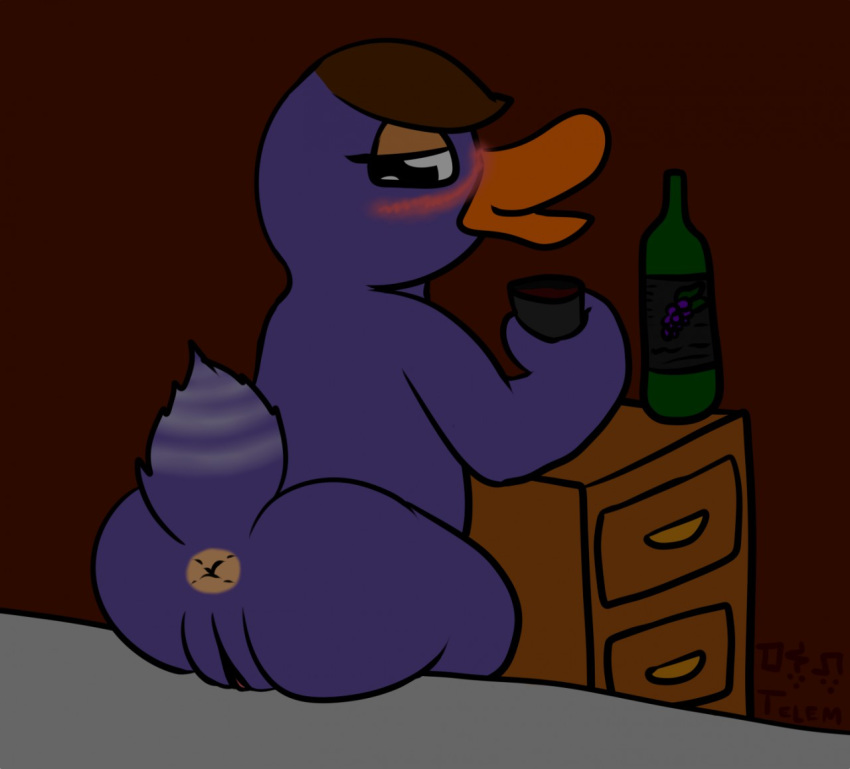 2017 alcohol animal_crossing anthro anus avian beak bed bedroom_eyes beige_anus beverage big_butt biped bird black_eyes blush brown_background brown_hair butt digital_drawing_(artwork) digital_media_(artwork) drawer drunk duck eyelashes feathers female hair half-closed_eyes holding_cup holding_object inside looking_at_viewer looking_back mallary_(animal_crossing) nintendo nude on_bed open_beak open_mouth open_smile overweight overweight_female presenting presenting_anus presenting_hindquarters presenting_pussy purple_feathers purple_pussy purple_tail pussy rear_view seductive short_hair short_tail simple_background sitting smile solo striped_tail stripes tail_feathers telem two_tone_tail video_games white_stripes white_tail wine wine_bottle