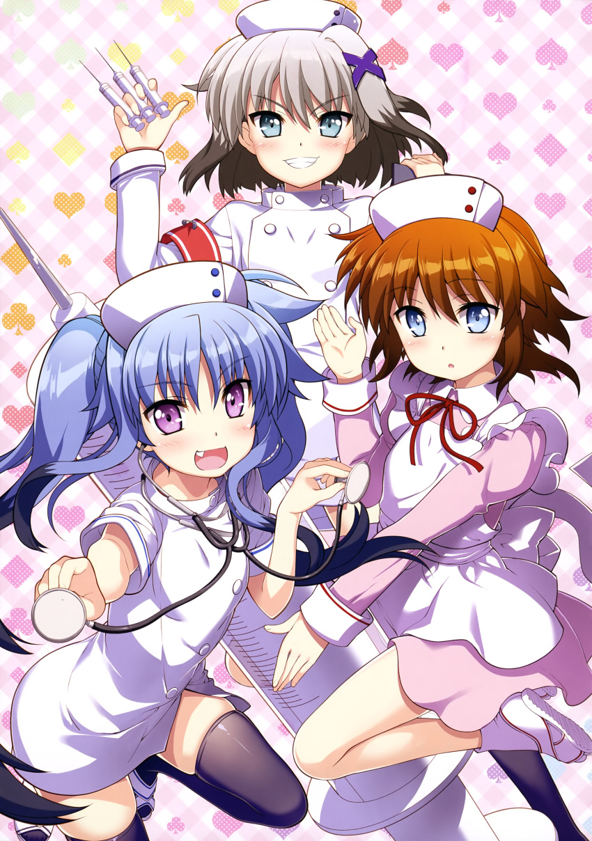 :d absurdres apron black_legwear blue_eyes blue_hair blush breasts brown_hair clover diamond_(symbol) dress eyes_visible_through_hair fang frilled_apron frills fujima_takuya grin hair_between_eyes hair_ornament hands_up hat heart highres holding holding_syringe light_blue_eyes light_brown_hair looking_at_viewer lyrical_nanoha mahou_shoujo_lyrical_nanoha mahou_shoujo_lyrical_nanoha_a's mahou_shoujo_lyrical_nanoha_a's_portable:_the_gears_of_destiny mahou_shoujo_lyrical_nanoha_the_movie_3rd:_reflection material-d material-l material-s multicolored_hair multiple_girls neck_ribbon nurse nurse_cap official_art open_mouth parted_lips pink_dress pink_eyes plaid plaid_background red_ribbon ribbon scan shiny shiny_clothes shoes short_hair side_slit silver_hair sleeve_cuffs small_breasts smile sneakers socks spade_(shape) stethoscope syringe thighhighs twintails two-tone_hair white_apron white_dress white_footwear white_frills white_hat white_legwear x_hair_ornament