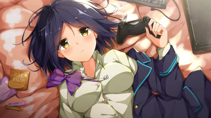 blouse blue_hair candy controller food keyboard_(computer) lying nijisanji playing_games shizuka_rin solo taiyaki_(astre) unbuttoned unbuttoned_shirt undone_bowtie yellow_eyes