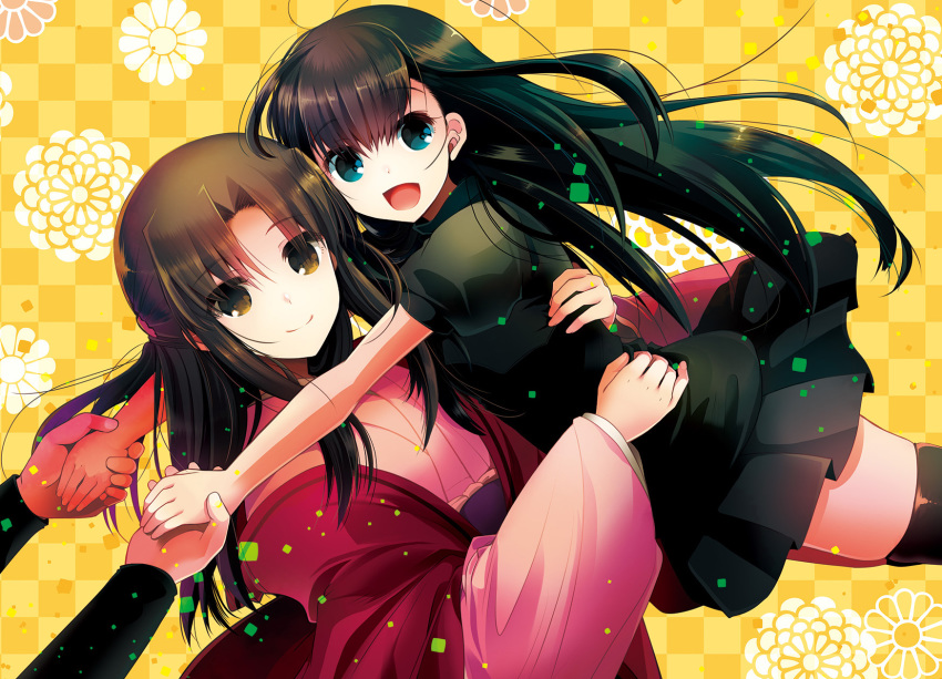 :d bangs black_hair black_legwear black_shirt black_skirt blue_eyes blunt_bangs brown_eyes checkered checkered_background eyebrows_visible_through_hair floating_hair hair_between_eyes highres holding_hands hug izumiya_otoha japanese_clothes kara_no_kyoukai kimono long_hair looking_at_viewer miniskirt mother_and_daughter multiple_girls open_mouth pink_kimono pleated_skirt ryougi_mana ryougi_shiki shirt short_sleeves skirt smile thighhighs very_long_hair yellow_background yukata zettai_ryouiki