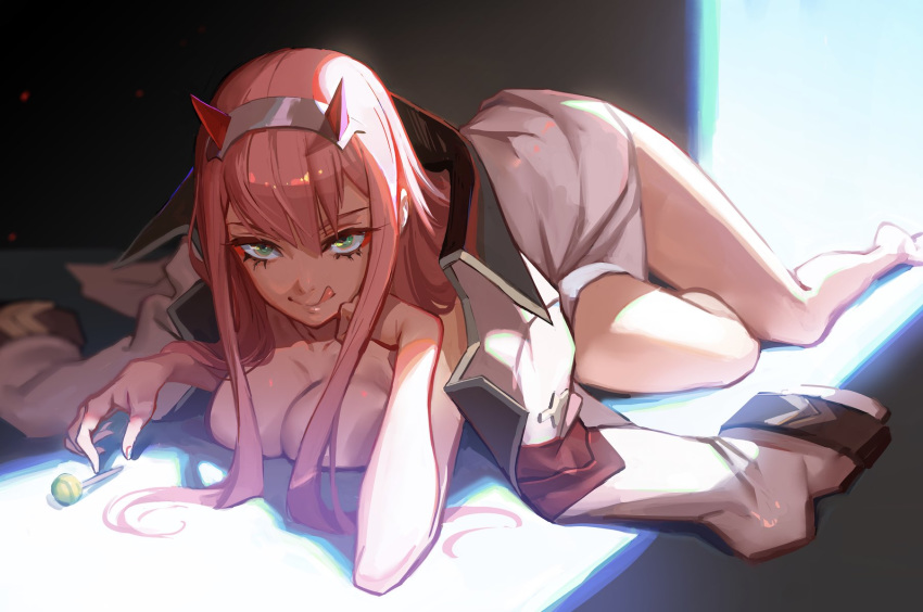 :q backlighting barefoot breasts candy chin_rest commentary darling_in_the_franxx english_commentary eyeliner food green_eyes hairband highres horns jacket_on_shoulders james_ghio lollipop long_hair looking_at_viewer lying makeup medium_breasts naked_coat pink_hair sidelocks solo tongue tongue_out zero_two_(darling_in_the_franxx)