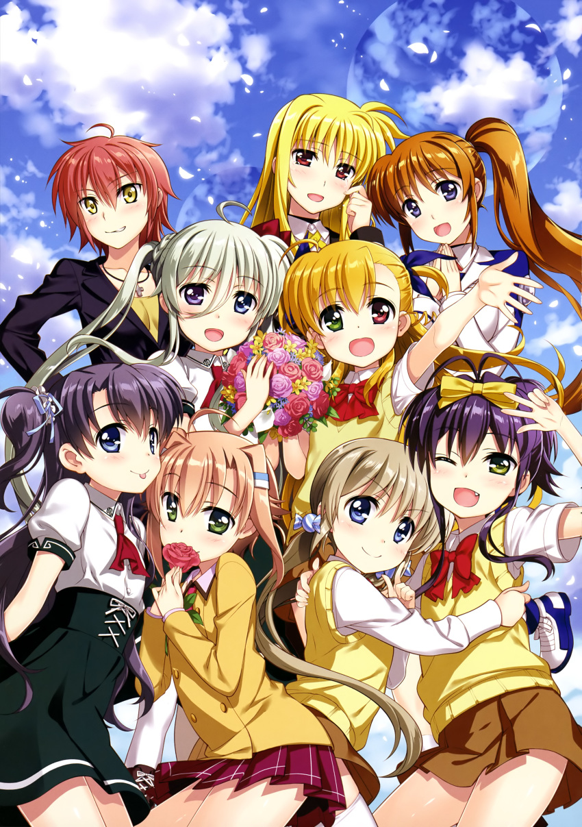 :d :p ;d absurdres ahoge antenna_hair bangs black_jacket black_skirt blazer blonde_hair blue_eyes blue_ribbon blue_sky blunt_bangs blush bouquet bow bowtie brown_hair brown_skirt cloud collarbone corona_timir day einhart_stratos eyebrows_visible_through_hair fang fate_testarossa floating_hair flower fujima_takuya green_eyes grin hair_bow hair_ribbon head_tilt heterochromia high-waist_skirt highres holding holding_bouquet holding_flower index_finger_raised jacket jewelry long_hair lyrical_nanoha mahou_shoujo_lyrical_nanoha_vivid military military_uniform miniskirt miura_rinaldi multiple_girls necklace nove_(nanoha) numbers_(nanoha) one_eye_closed open_mouth outdoors pleated_skirt purple_eyes purple_flower purple_hair purple_rose red_bow red_eyes red_flower red_hair red_neckwear red_rose red_skirt ribbon rio_wezley rose scan school_uniform shiny shiny_hair shirt short_hair short_sleeves side_ponytail sidelocks silver_hair skirt sky smile st._hilde_academy_of_magic_uniform takamachi_nanoha tongue tongue_out tsab_air_military_uniform tsab_executive_military_uniform twintails two_side_up uniform very_long_hair vest vivio w white_ribbon white_shirt yellow_bow yellow_flower yellow_jacket yellow_shirt yellow_vest yumina_enclave