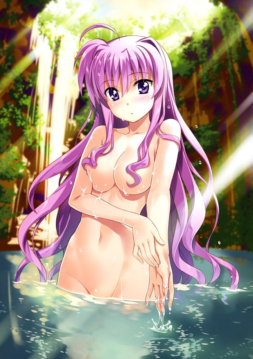 absurdres ahoge bangs bathing blush breasts collarbone eyebrows_visible_through_hair eyes_visible_through_hair frown fujima_takuya groin hair_between_eyes hair_censor hair_over_breasts highres kyrie_florian large_breasts light_rays long_hair looking_at_viewer lyrical_nanoha mahou_shoujo_lyrical_nanoha_the_movie_3rd:_reflection navel official_art partially_submerged pink_hair purple_eyes scan solo sunbeam sunlight very_long_hair wading water wet