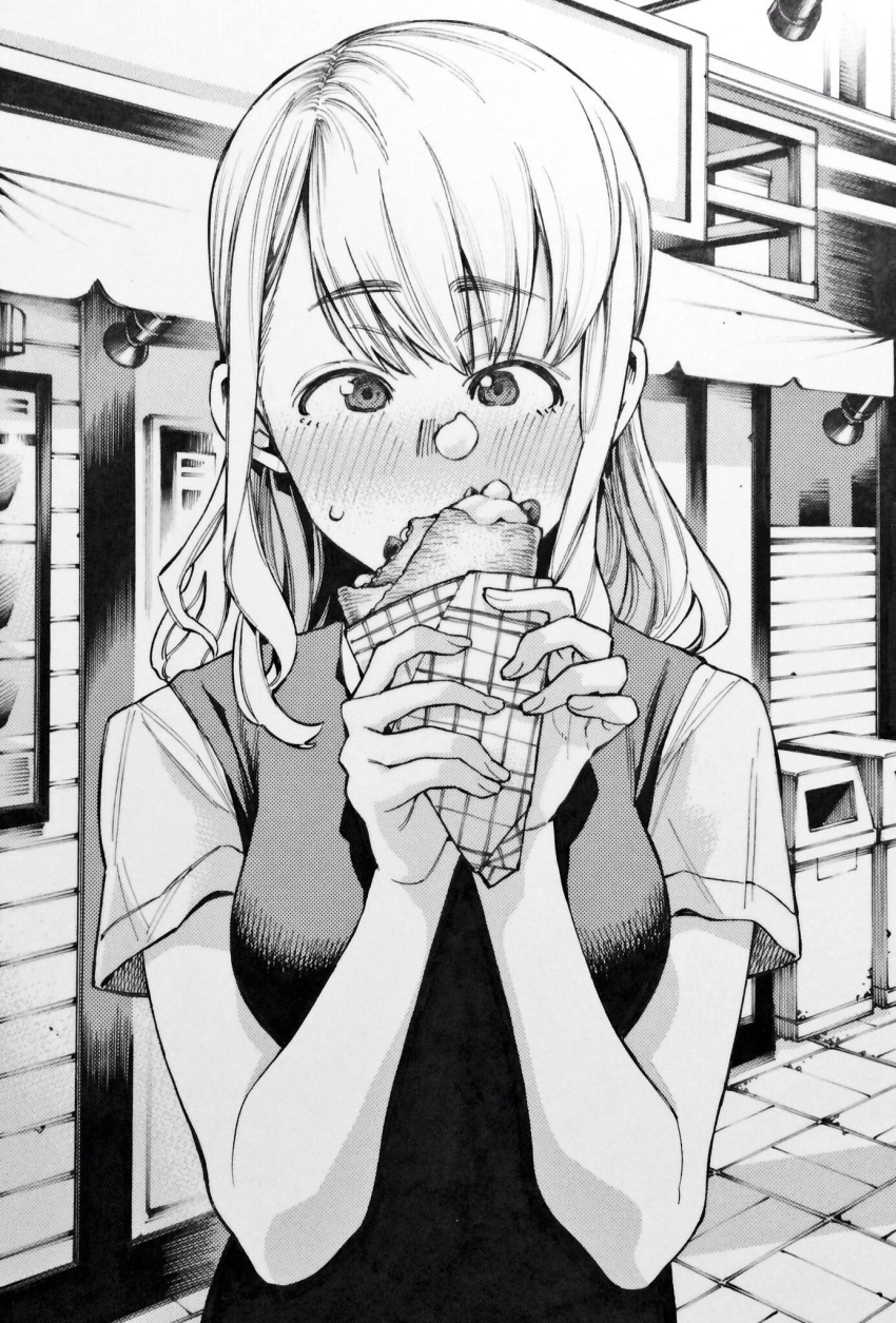 blush canopy commentary_request crepe eating eyebrows_visible_through_hair food food_on_face greyscale highres medium_hair monochrome nakajima_ryou original outdoors sidewalk solo trash_can upper_body vest