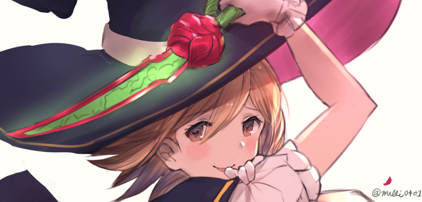 absurdres blonde_hair blush_stickers brown_eyes commentary_request dagger djeeta_(granblue_fantasy) gloves granblue_fantasy hat heart heart-shaped_pupils highres milli_little petals puffy_short_sleeves puffy_sleeves rose_petals short_hair short_sleeves smile symbol-shaped_pupils twitter_username warlock_(granblue_fantasy) weapon white_background wizard_hat