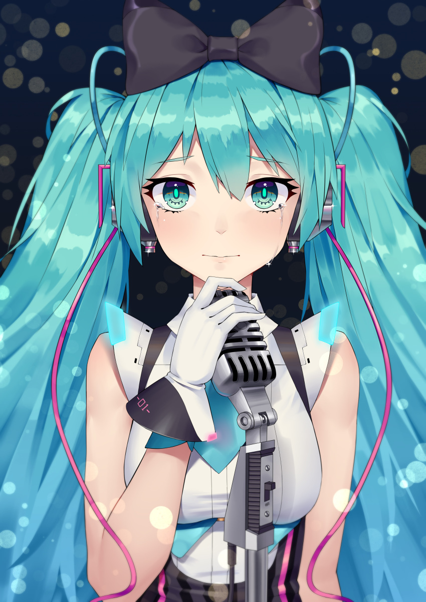 absurdres black_bow blue_eyes blue_hair bow breasts crying crying_with_eyes_open gloves hair_between_eyes hair_bow hatsune_miku highres holding holding_microphone lens_flare long_hair magical_mirai_(vocaloid) medium_breasts microphone microphone_stand shure_55sh sleeveless smile solo suspenders tears twintails upper_body very_long_hair vocaloid white_gloves xian_yu_zhanshi