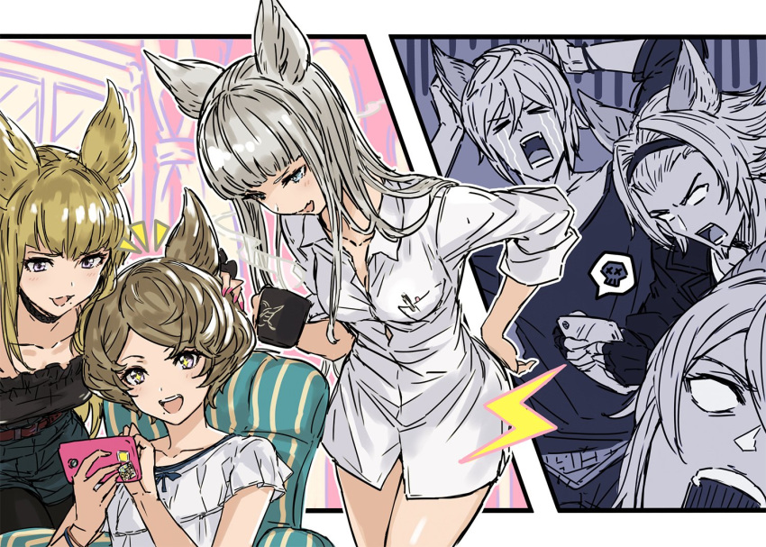 &gt;_&lt; 3girls alternate_costume blank_eyes blonde_hair blue_eyes brown_hair cellphone commentary_request crying cup elsam_(granblue_fantasy) erune eyebrows_visible_through_hair granblue_fantasy indoors korwa long_hair lowain_(granblue_fantasy) metera_(granblue_fantasy) mole multiple_boys multiple_girls official_art pen phone purple_eyes shirt short_hair silver_hair skull smartphone sparkling_eyes steam sutera_(granblue_fantasy) tomoi_(granblue_fantasy)