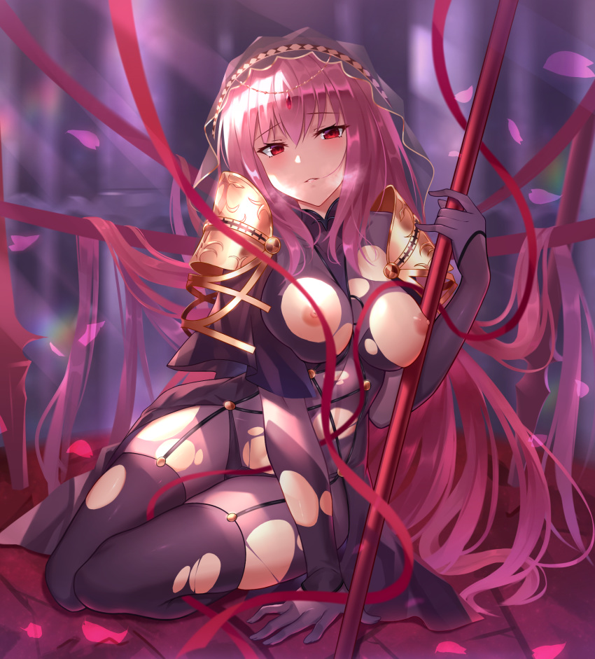 bangs black_fire_(peter02713) blush bodysuit breasts capelet circlet commentary_request fate/grand_order fate_(series) forehead_jewel gae_bolg hair_between_eyes highres hips large_breasts lighting long_hair looking_at_viewer nipples parted_lips pauldrons petals polearm purple_bodysuit purple_hair red_eyes red_ribbon ribbon scathach_(fate)_(all) scathach_(fate/grand_order) sitting smile solo spear thighs torn_bodysuit torn_clothes veil weapon