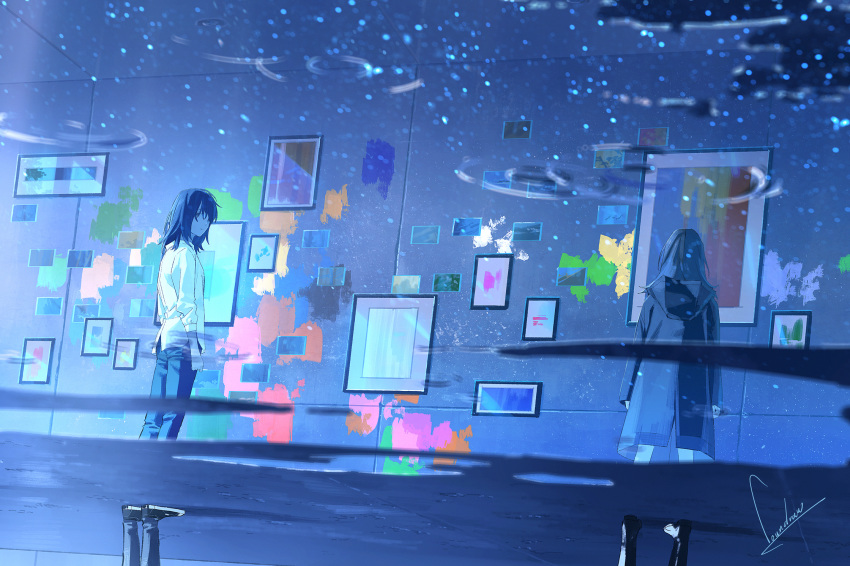 black_eyes black_hair blue coat commentary_request denim highres hooded_coat jeans light_reflection_(water) long_hair looking_at_viewer loundraw multiple_girls original paint painting_(object) pants puddle reflection short_hair signature wall