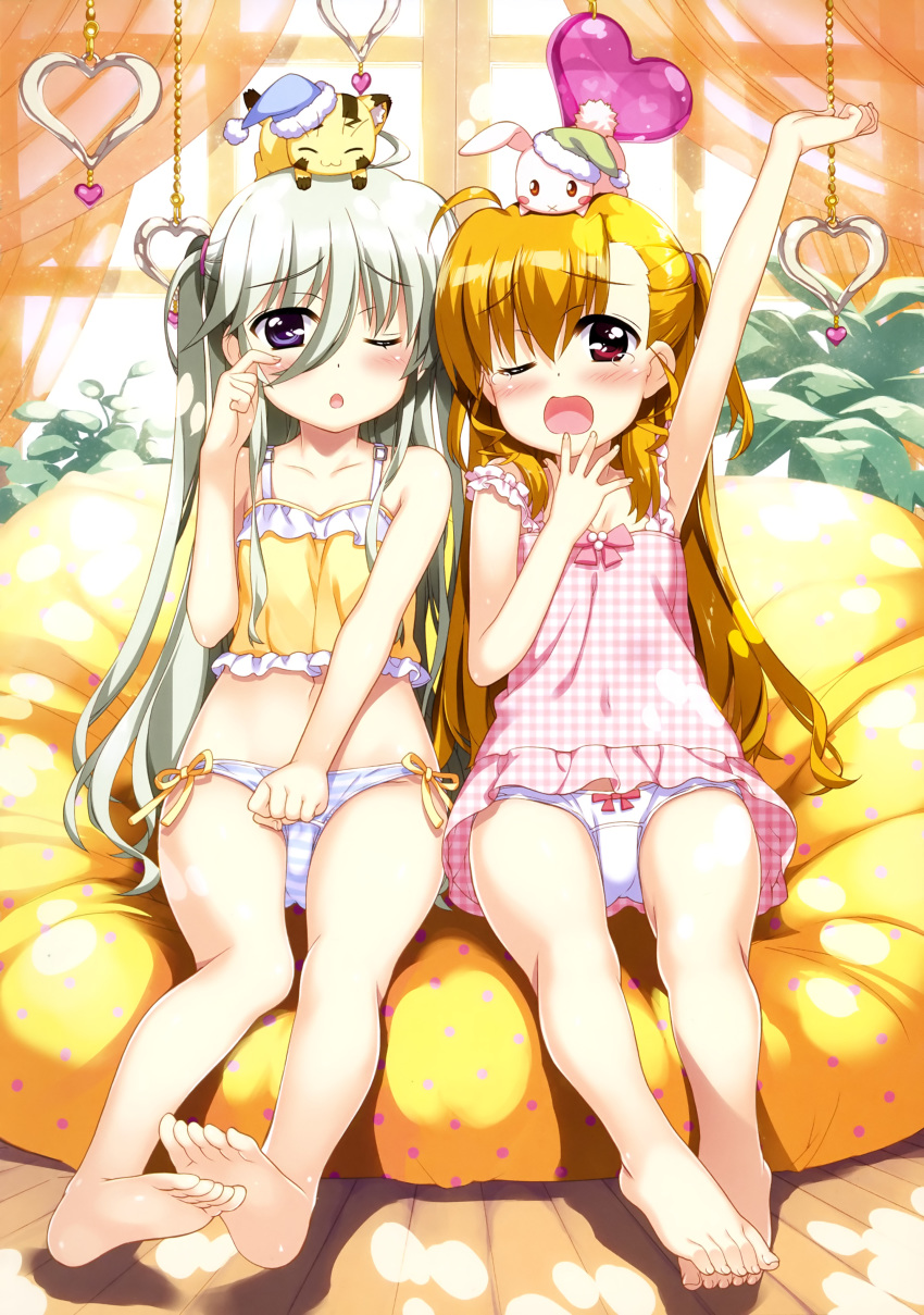 ;o absurdres ahoge animal animal_on_head arm_up asteion asymmetrical_bangs bangs barefoot bean_bag_chair blonde_hair blue_hat blush bow bow_panties breasts cleavage collarbone covered_navel curtains einhart_stratos feet fujima_takuya full_body fur_trim green_hat hair_between_eyes hat heart highres indoors legs long_hair looking_at_viewer lyrical_nanoha mahou_shoujo_lyrical_nanoha_vivid midriff mobile multiple_girls navel nightcap on_head one_eye_closed open_mouth panties pink_ribbon pink_shirt purple_eyes red_eyes ribbon rubbing_eyes sacred_heart santa_hat scan shiny shiny_hair shirt side-tie_panties sidelocks silver_hair sitting sleeveless sleeveless_shirt small_breasts soles stomach stretch striped striped_panties tears toes twintails two_side_up underwear very_long_hair vivio white_panties window wooden_floor yawning