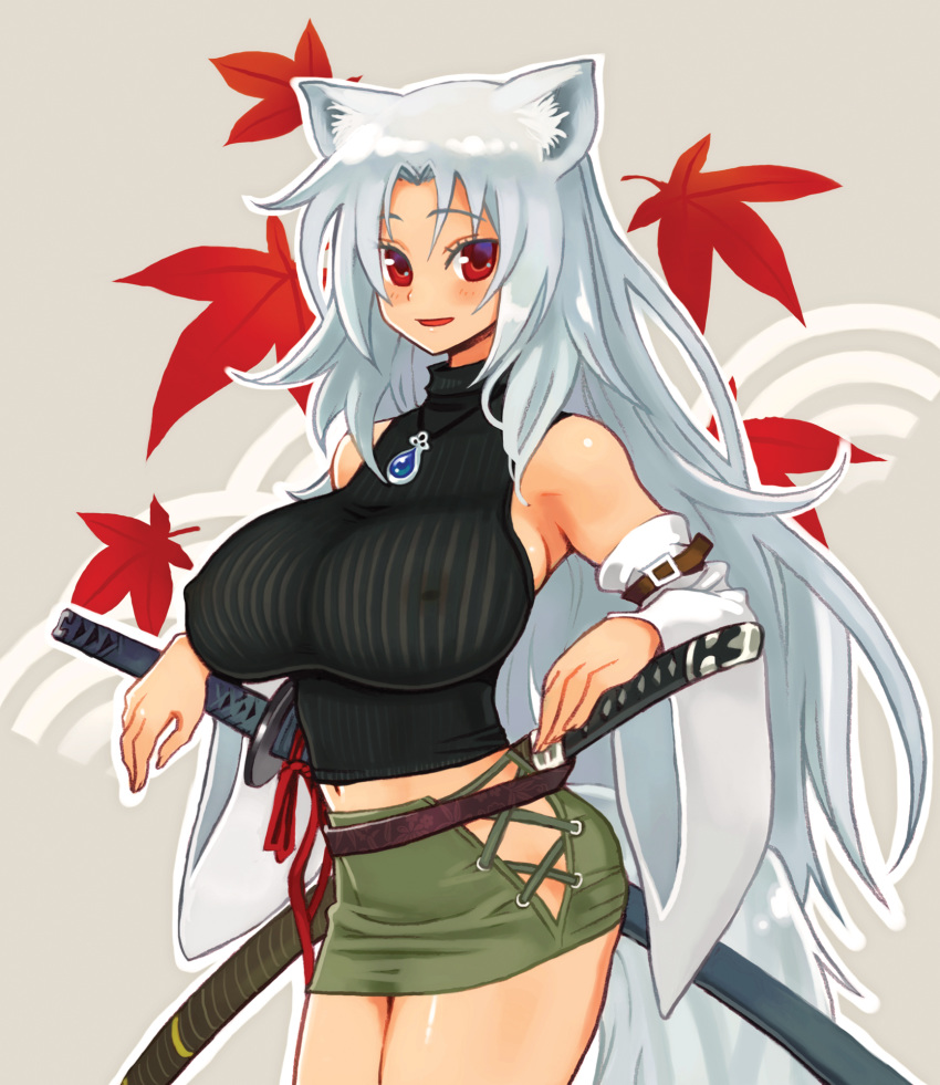 animal_ears autumn_leaves breasts covered_nipples cowboy_shot detached_sleeves highres huge_breasts long_hair looking_at_viewer open_mouth original outline pencil_skirt red_eyes ryoji_(nomura_ryouji) see-through sheath sheathed skirt solo sword tail weapon
