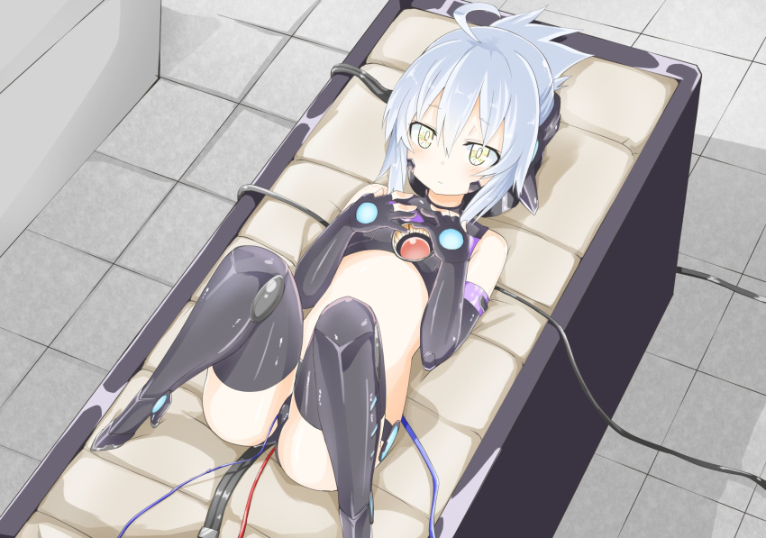 1girl android female high_heels highres lying midriff niwaka_potato on_back original silver_hair solo thigh_boots white_pupils wire yellow_eyes