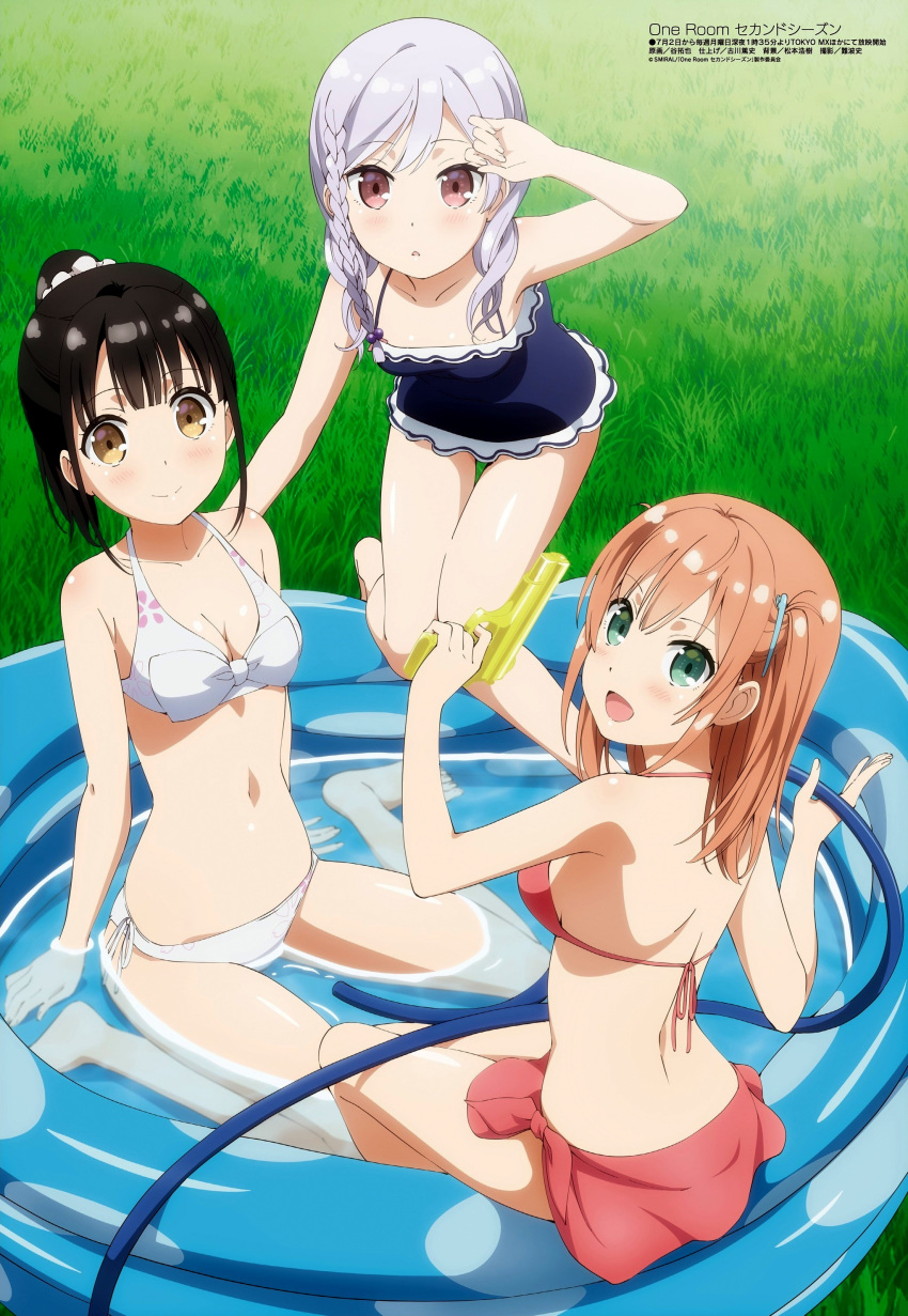 :d :o absurdres amatsuki_mashiro bikini black_hair blue_swimsuit blush body_blush braid breasts brown_eyes cleavage collarbone day eyebrows_visible_through_hair floral_print from_above from_behind grass green_eyes gun hair_between_eyes hair_ornament hair_over_shoulder hair_scrunchie hairclip hanasaka_yui highres holding holding_gun holding_hose holding_weapon hose kneeling light_brown_eyes light_brown_hair looking_at_viewer magazine_scan medium_breasts megami multiple_girls nanahashi_minori navel official_art one-piece_swimsuit one_room open_mouth outdoors parted_lips ponytail print_bikini red_bikini red_sarong sarong scan scrunchie side-tie_bikini silver_hair single_braid sitting skindentation smile swimsuit tani_takuya thigh_gap wading_pool wariza water water_gun weapon white_bikini white_scrunchie