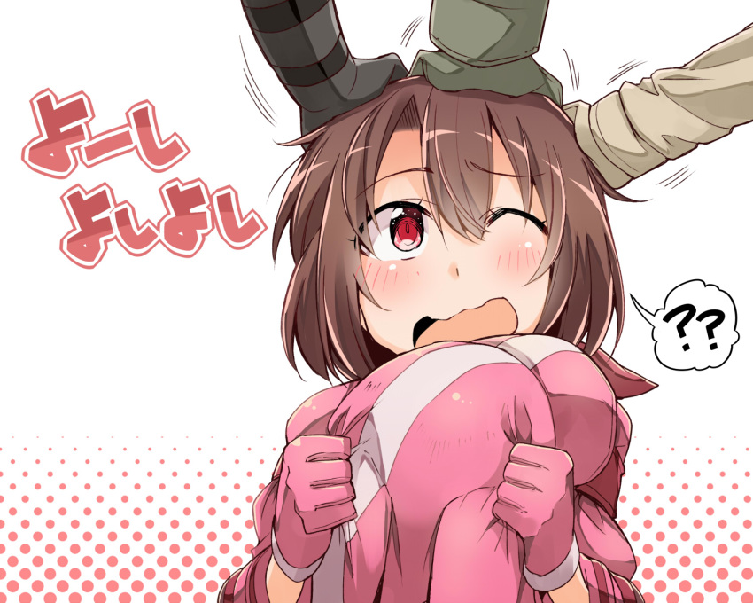 ? ?? animal_hat bibi blush brown_hair commentary_request fukaziroh_(sao) gloves gradient gradient_background hat hat_removed head_out_of_frame headwear_removed highres holding holding_hat llenn_(sao) m_(sao) one_eye_closed open_mouth petting pink_gloves pink_hat pitohui_(sao) polka_dot polka_dot_background red_eyes short_hair solo_focus spoken_question_mark sword_art_online sword_art_online_alternative:_gun_gale_online translation_request upper_body white_background