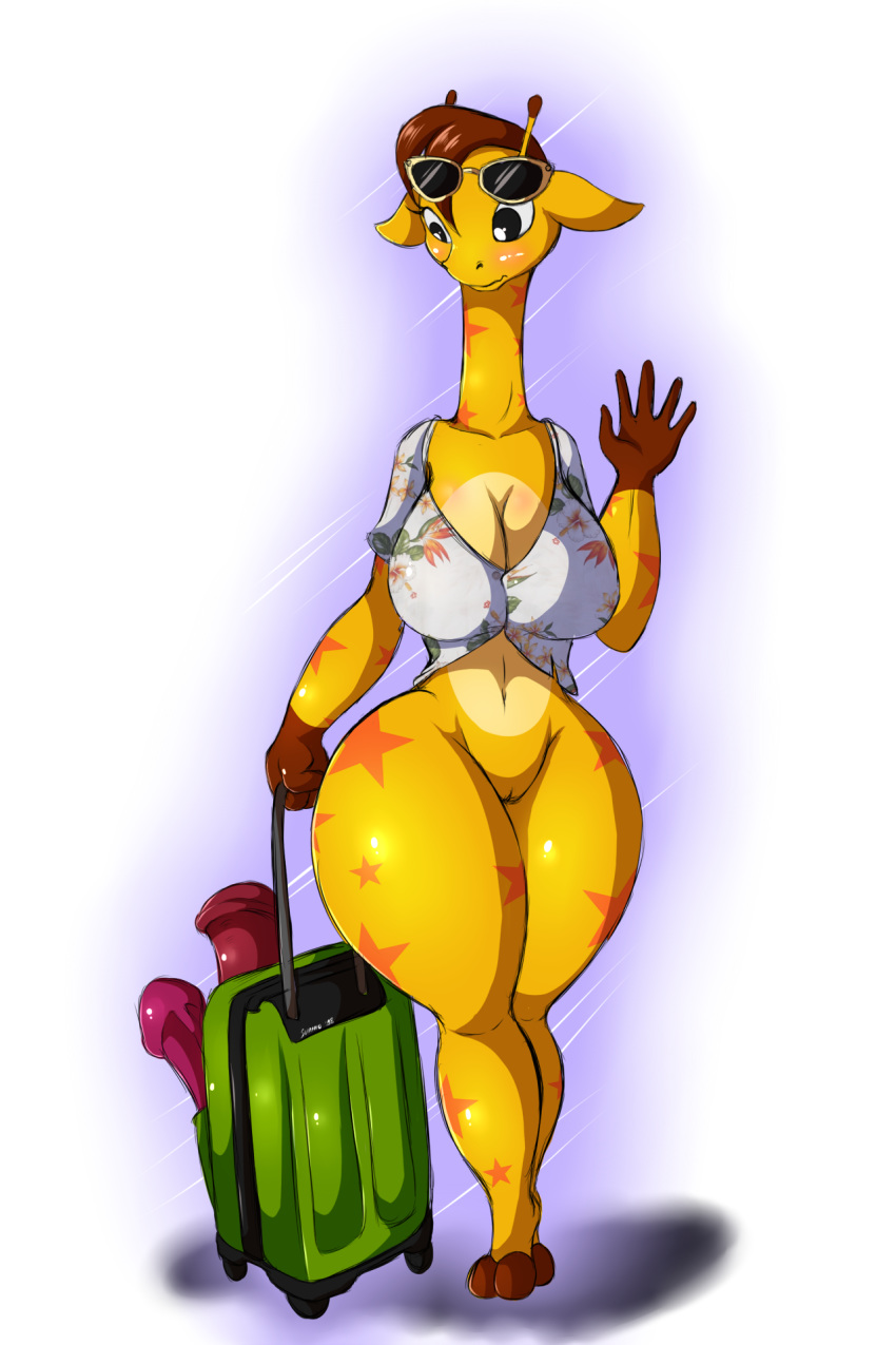 2018 anthro bottomless breasts cleavage clothed clothing crossgender digital_media_(artwork) dildo eyewear female geoffrey_the_giraffe giraffe hair hi_res mammal pussy sex_toy solo suirano suitcase sunglasses thick_thighs toys_r_us wide_hips