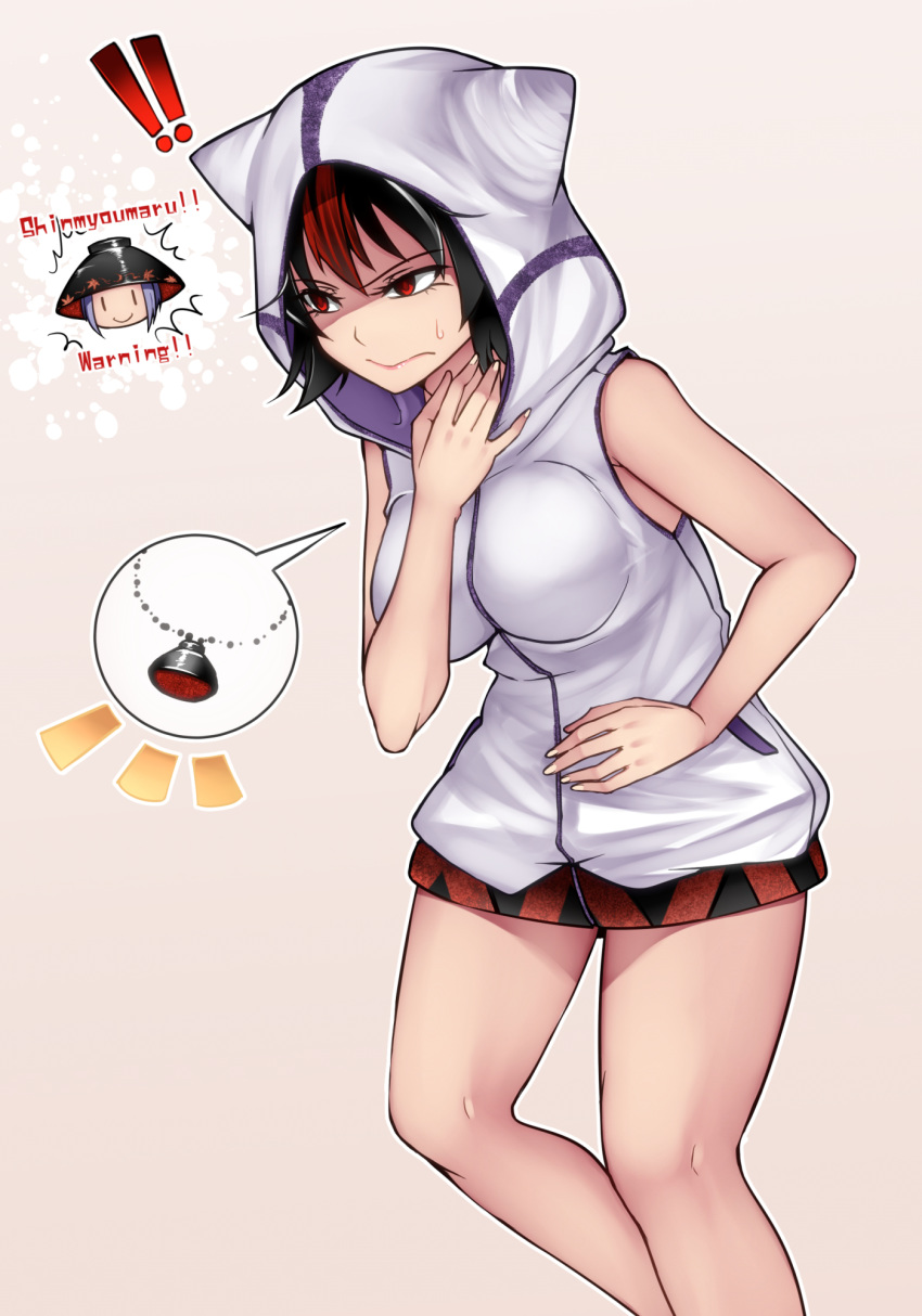 1girl 3: alternate_costume aoshima bare_arms bare_legs bare_shoulders beige_background black_hair breasts commentary_request eyebrows_visible_through_hair feet_out_of_frame hair_between_eyes hand_up highres hood hood_up hoodie jewelry kijin_seija large_breasts multicolored_hair nail_polish no_pants pendant pink_lips purple_hair red_eyes red_hair short_hair simple_background sleeveless sleeveless_hoodie smile solo standing streaked_hair sukuna_shinmyoumaru sweat thighs touhou white_hair white_hoodie white_nails |_|