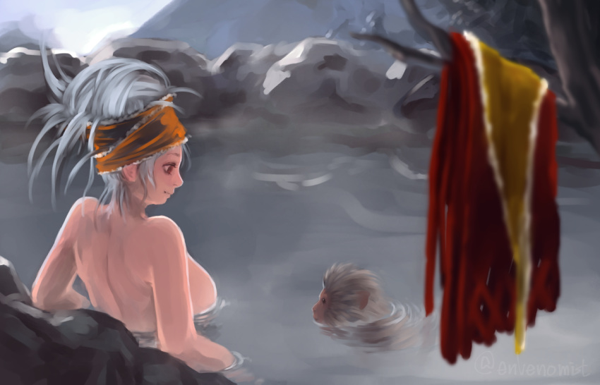 back bathing blurry_foreground breasts closed_mouth clothes_removed commentary_request day dress dress_removed from_side gengoroumaru_(ambidextrous) grey_hair headband japanese_macaque long_hair looking_at_another monkey nude onsen outdoors partially_submerged red_eyes rock sakata_nemuno sideboob sidelocks steam touhou twitter_username upper_body water