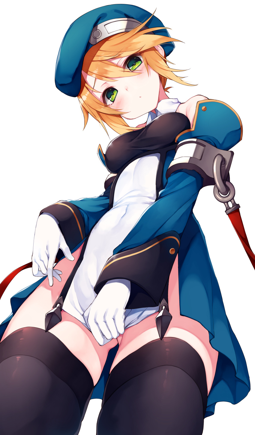 absurdres beret black_legwear blazblue blonde_hair blush breasts covered_navel covering covering_crotch detached_sleeves dress from_below gloves green_eyes hair_ornament hat highres himegi_you long_hair looking_at_viewer looking_down noel_vermillion simple_background small_breasts solo thighhighs white_background white_gloves