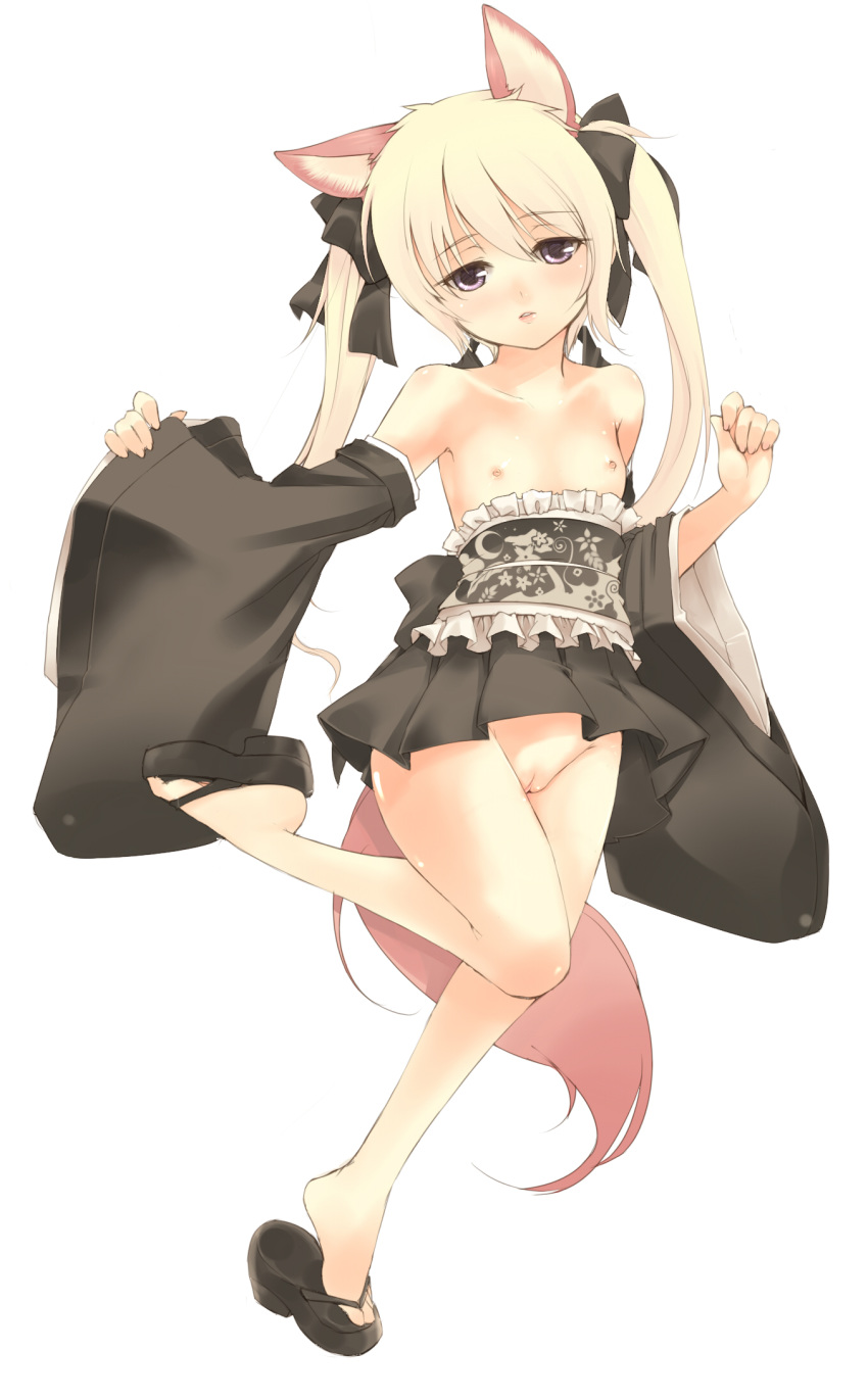 1girl animal_ears blonde_hair blush bow detached_sleeves elin_(tera) flat_chest fox_ears hair_ornament hair_ribbon highres japanese_clothes kimono kuro_(kuronell) long_hair looking_at_viewer mary_janes nipples no_panties open_mouth purple_eyes pussy ribbon shoe_dangle shoes short_kimono solo standing standing_on_one_leg tail tera_online thighhighs twintails uncensored white_background white_legwear white_panties