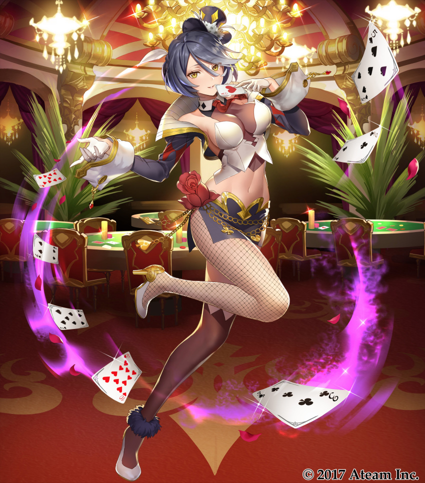 absurdres bangs beatrice_(valkyrie_connect) black_hair black_legwear breasts buttons card casino_card_table chair chandelier commentary_request copyright_name cropped_jacket detached_sleeves eyebrows_visible_through_hair fishnet_legwear fishnets full_body gloves hat high_heels highres holding indoors jacket leg_up lips long_sleeves looking_at_viewer medium_breasts midriff mini_hat miniskirt navel necktie official_art open_clothes open_jacket petals plant poker_chip red_neckwear shiny short_hair skirt solo table teffish valkyrie_connect white_gloves yellow_eyes