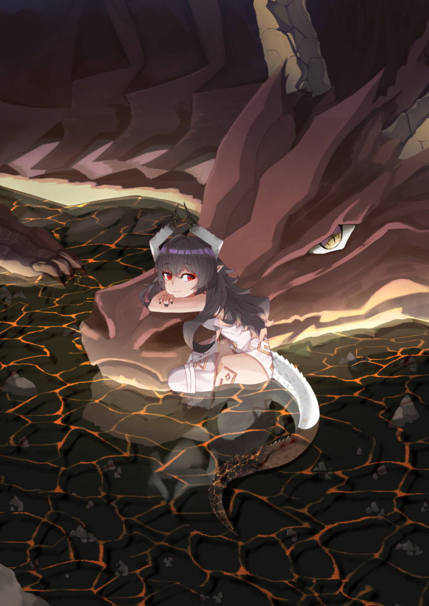 bangs befe black_hair black_nails cave commentary_request dark dragon dragon_girl dragon_horns dragon_tail eyebrows_visible_through_hair fantasy gold_trim highres horns long_hair looking_at_viewer nail_polish original partially_submerged pointy_ears red_eyes slit_pupils tail thighhighs water yellow_eyes
